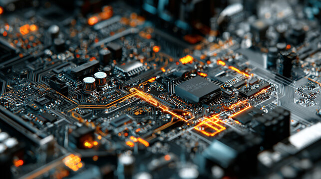 Top view of a computer motherboard showing circuits, CPU socket, RAM slots, and various electronic components in sharp detail.