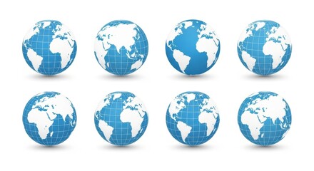 Obraz premium Set of blue and white globes showing different continents isolated on white background