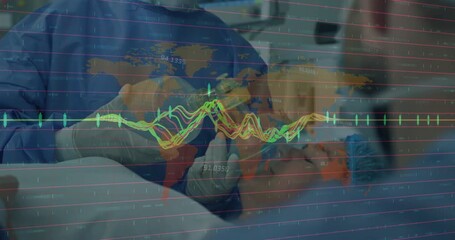 Picking up vial doctor drawing and dispensing drop to patient, waveforms pulsing health monitoring - Powered by Adobe