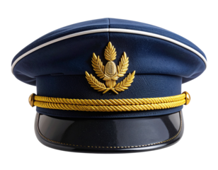 Traditional navy blue captain’s hat featuring a prominent gold embroidered insignia a