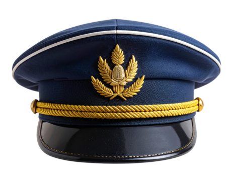 Traditional navy blue captain’s hat featuring a prominent gold embroidered insignia a