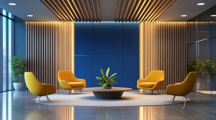 Modern lobby with yellow chairs surrounding a circular table in front of a blue wall