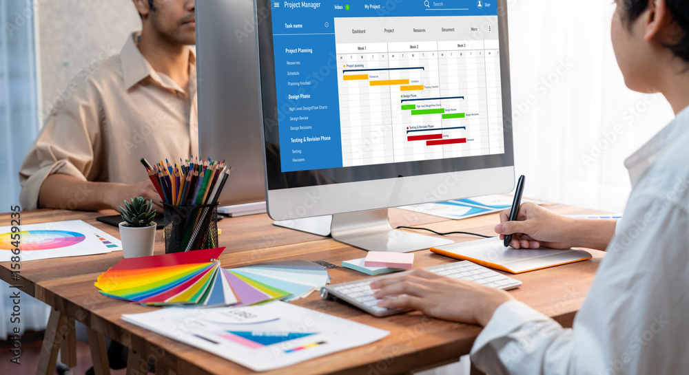 Poster project planning software for brisk business project management on the computer screen showing timel