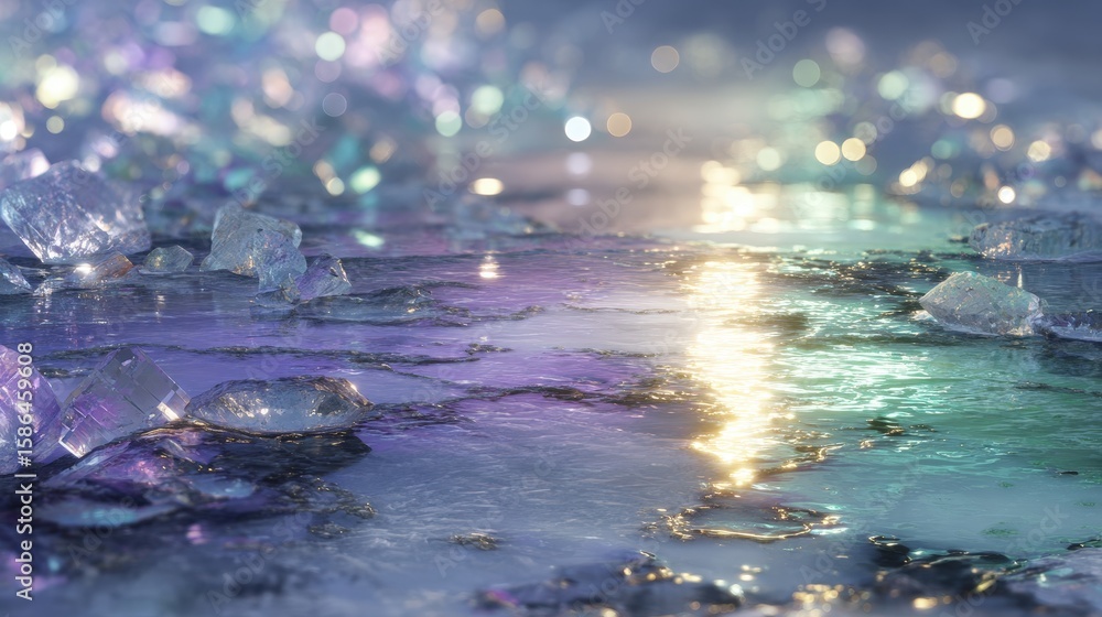 Aufkleber shimmering ice chunks scattered on a reflective frozen surface under soft, colorful light with bokeh