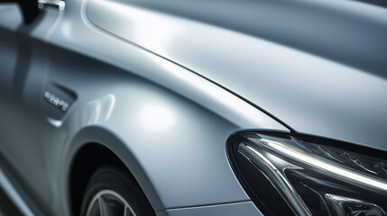 Naklejka premium Close-up of a car body showcasing sleek design and smooth surface. Ideal for automotive, design, and vehicle aesthetics themes.