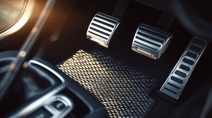 Close-up of three car pedals, showcasing clutch, brake, and accelerator for manual transmission vehicles. Ideal for automotive, driving, and transportation themes.