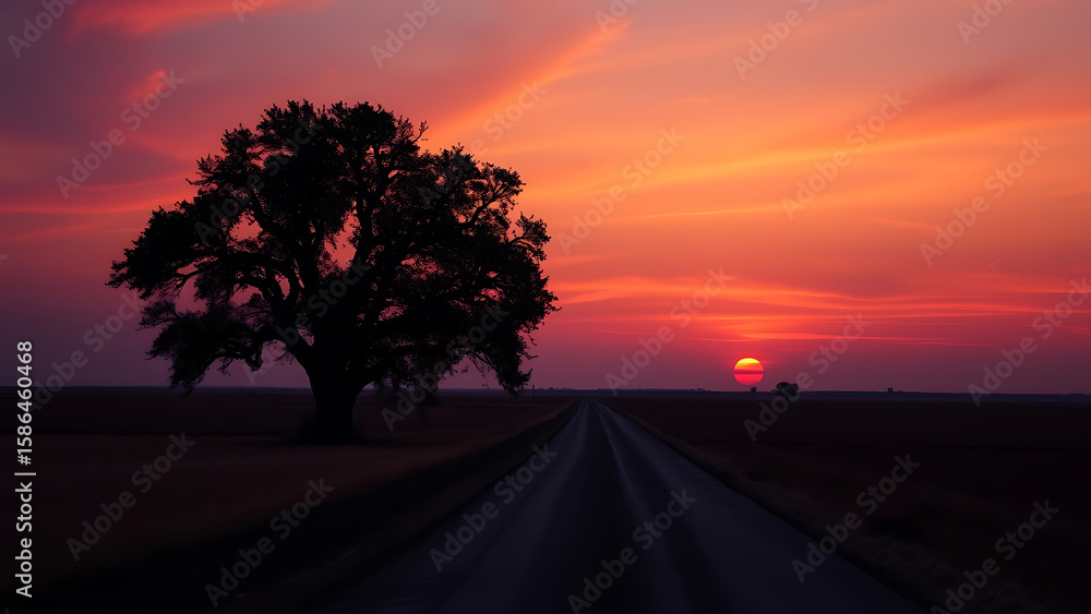 Poster sunset over a vast plain with a tree line and tire tracks