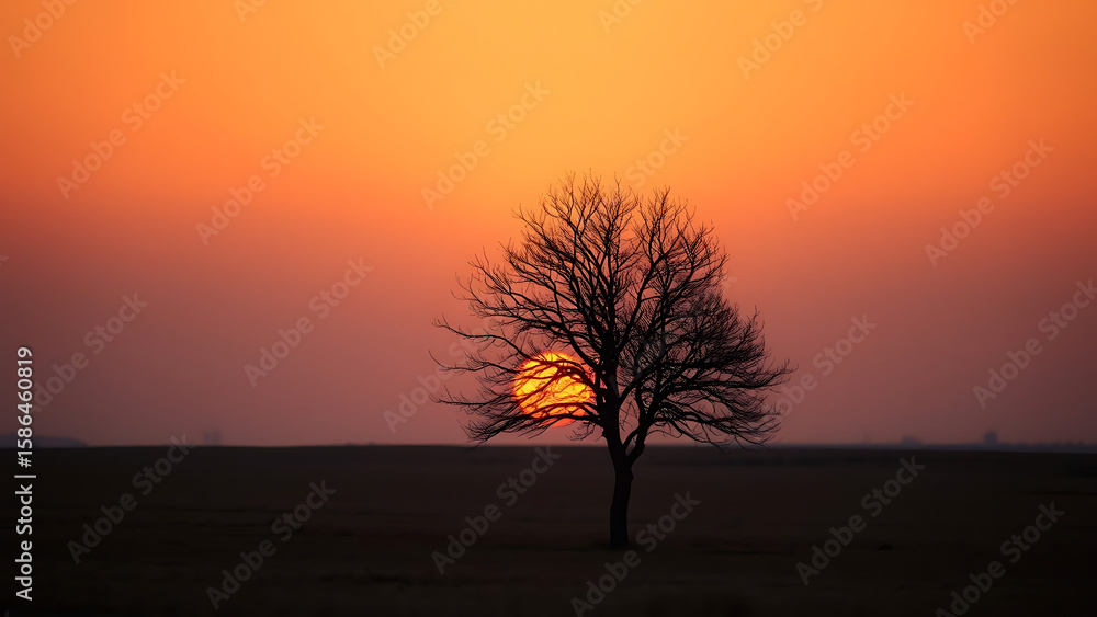 Poster sunset over a flat field with a single leafless tree
