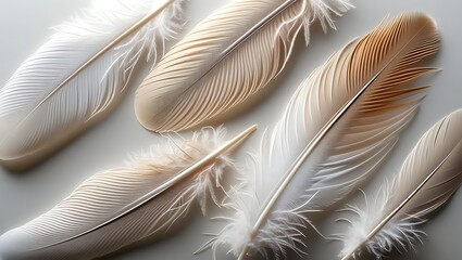 Soft natural feathers in neutral tones arranged on a light background