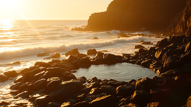 Sunrise over Ocean Rock Pool with Golden Light Rays