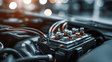 A close-up of a car ECU (Engine Control Unit), showcasing electronic automotive control technology. Ideal for vehicle diagnostics, engineering, or automotive repair themes.