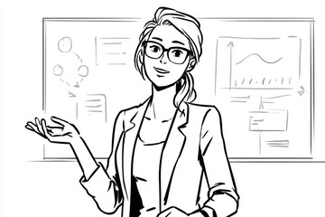 business presentation in the office line drawing style, thick lines, cartoon explainer video style
