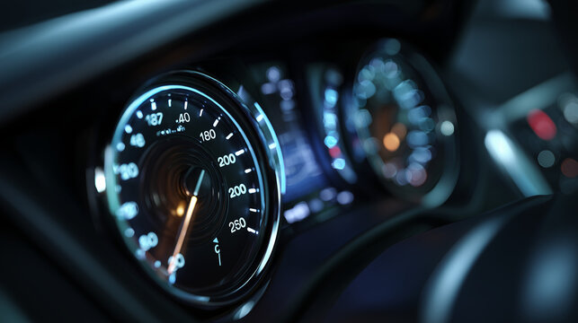A close-up of a car speedometer, showing speed measurement with modern dashboard design. Ideal for automotive, driving, or technology themes.