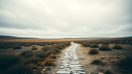 Stone Path Through Barren Landscape Under Overcast Sky