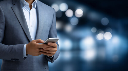 Businessman Using AI Chatbot on Smartphone in Soft Light