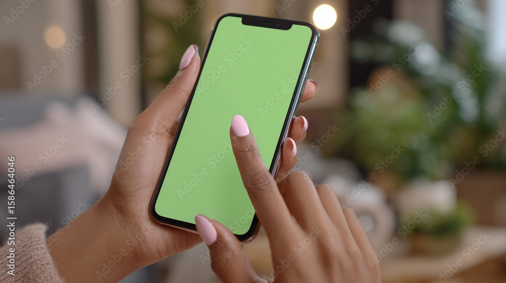 Poster a finger tapping on a green smartphone screen, highlighting touch interaction and digital interface.