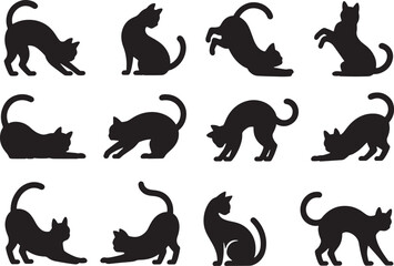 Silhouetted Felines Showcase a Spectrum of Catlike Poses Including Stretching Arches Sitting Reaching and Jumping Across a White Background