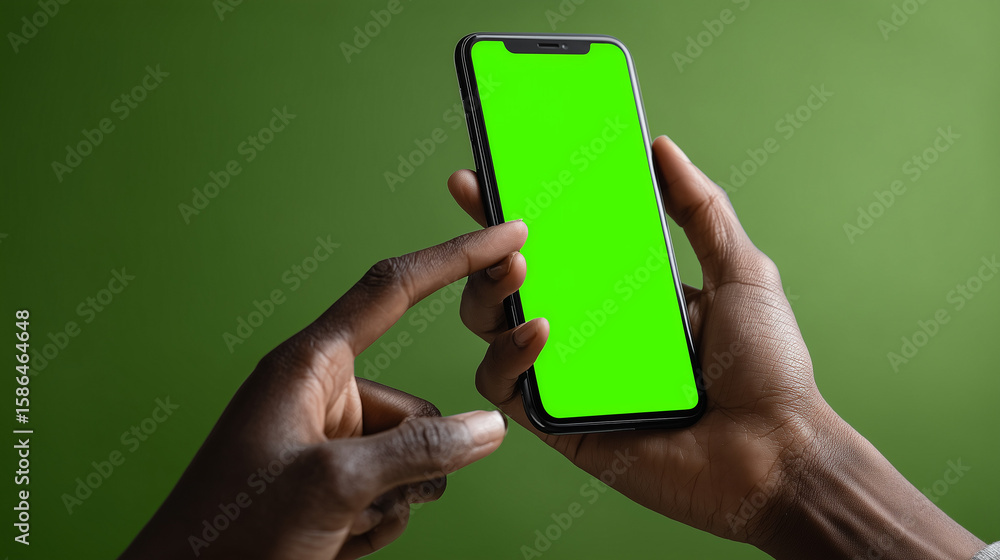 Poster a finger tapping on a green smartphone screen, highlighting touch interaction and digital interface.