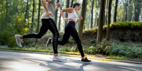 Wide angle shot of a couple running in the forest trail. Intentional motion blur. Focus on feet. Side view