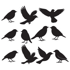 Elegant Silhouette Composition of Birds in Flight and Perched Presenting a Stylized Wildlife Scene with Stark Contrasts