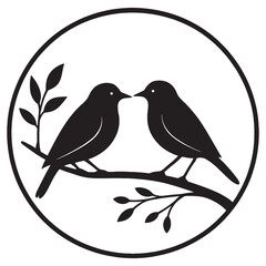 Elegant Silhouette Depiction of Two Birds Perched on a Branch Inside a Circle Creating a Serene and Minimalist Design