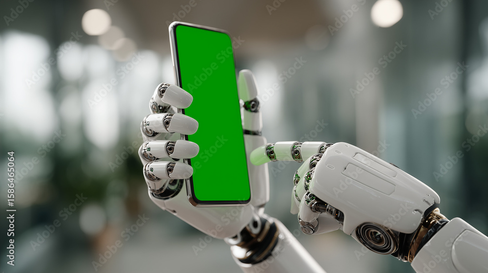 Poster a robotic finger tapping on a green smartphone screen, representing ai interaction and futuristic te