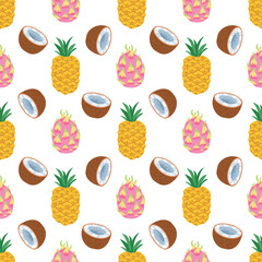 dragon fruit, pineapple, coconut. Vector seamless pattern in flat style with tropical fruits on white background