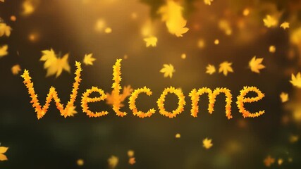 Warm Welcome Sign Formed from Autumn Leaves With Falling Foliage on Dark Green Background Perfect for Seasonal Greetings