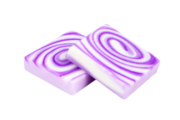 two soap bars with swirl designs on them