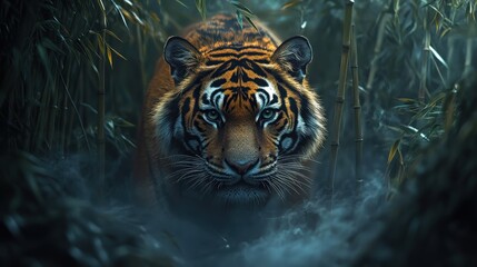 A majestic tiger emerges from a dense, misty bamboo forest, its intense gaze fixed on the viewer. The cool, atmospheric lighting creates a powerful and mysterious portrait of this apex predator