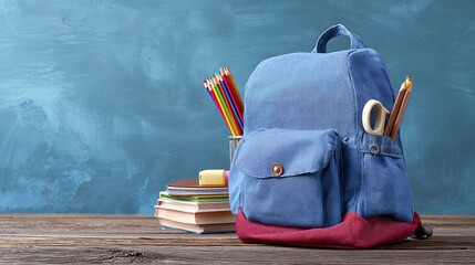 Ready for learning with vibrant school supplies displayed against a cool textured blue wall with ample space.