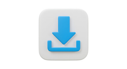 Fototapeta premium Blue download icon with arrow pointing down into a tray, set on a white rounded square.