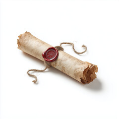 Title: Ancient Rolled Parchment Scroll with Red Wax Seal and Twine