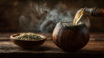 Yerba Mate Preparation: Steaming Hot Water Poured into a Traditional Wooden Gourd