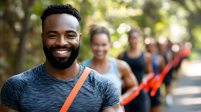 Outdoor Bootcamp Class: A group exercising in a park with resistance bands, kettlebells, and motivational trainers. Encourages community fitness and outdoor activity