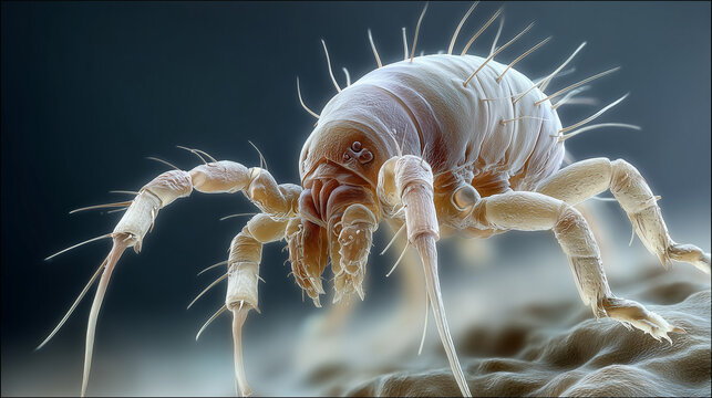Close-up of a head louse on human hair, showing detailed anatomy and texture. Suitable for medical, hygiene, pest control, or educational themes.