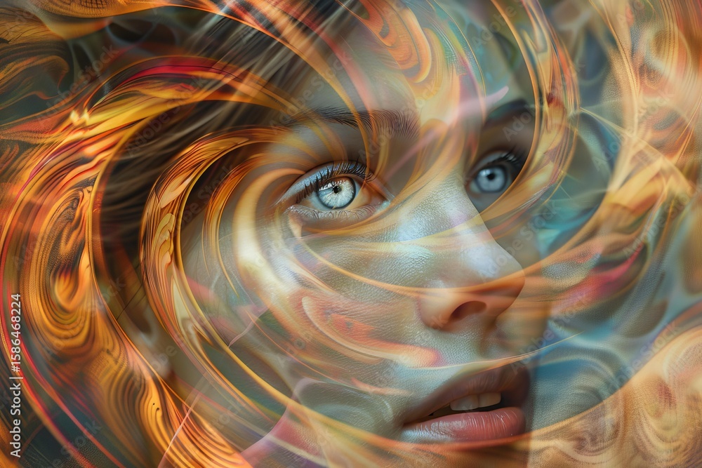 Poster woman's face merging with swirling, colorful abstract shapes creating a mesmerizing visual effect