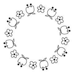 Cute simple flowers wreath. Doodle floral round frame.