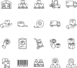 Simple Line Art Icons of Warehouse and Shipping Processes.