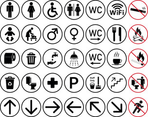 Set of Washroom, Restroom, Bathroom, Mother Baby Room Signs. Disabled, Male, Female Icons Printable sticker Vector Illustration