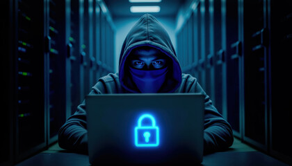 Cybersecurity threat concept featuring a hooded hacker working on a laptop in a server room, symbolizing data breaches, cyber attacks, and network infiltration.