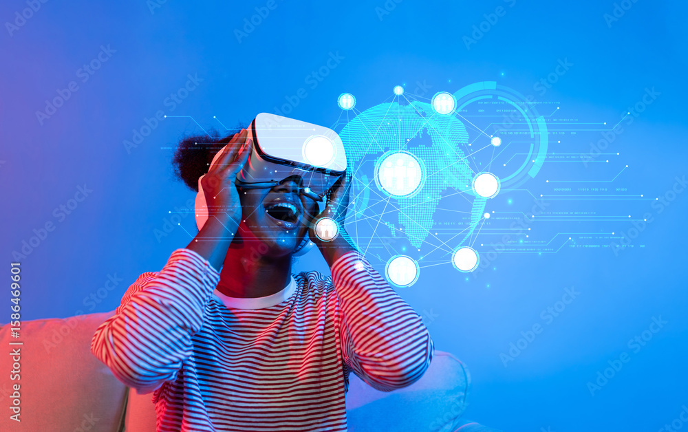 Poster a young person joyfully engages with virtual reality technology, exploring global networking and com