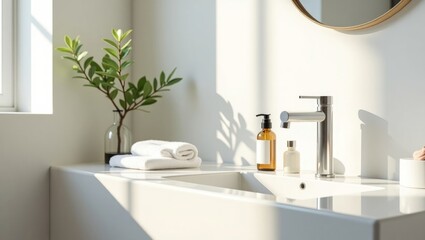Fototapeta premium Sunlit Minimalist Bathroom Counter with Skincare Bottles and Clean Towels – Modern Lifestyle Interior
