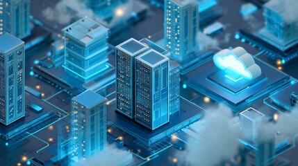 Cyberpunk city with servers and glowing cloud represents the digital age of data storage and processing, technology focus.
