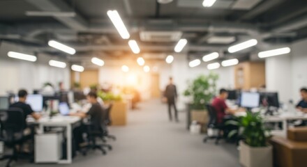 Fototapeta premium Blurred modern office interior with people working at desks and natural light