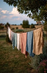 Colorful linen towels drying on clothesline in summer countryside