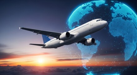 An airplane soars into the sunset with a digital globe in the background, representing global travel