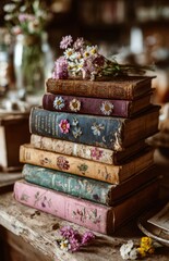 Stack of vintage books decorated with dried flowers on rustic wooden table