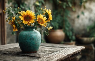 Sunflowers and wildflowers in turquoise ceramic vase on rustic wooden table