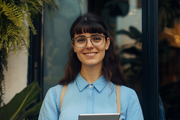 Young businesswoman,student standing outside an office, smiling holding a tablet. applying for a job.